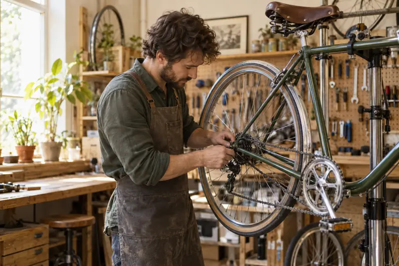 Mechanic repairing a bicycle in a neighborhood workshop