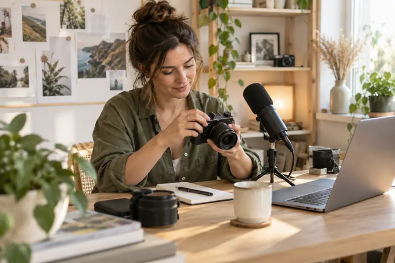 Creator preparing a camera and microphone in a home studio