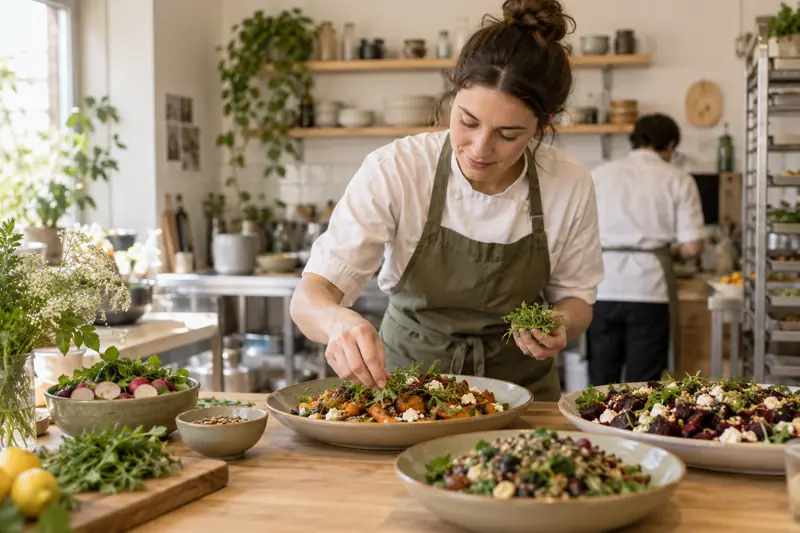 Caterer preparing food on ceramic platters