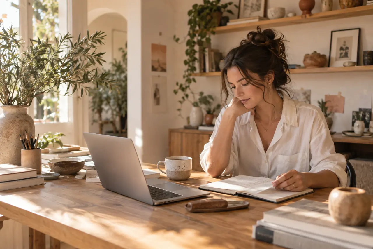 Entrepreneur planning her business at a sunlit studio desk