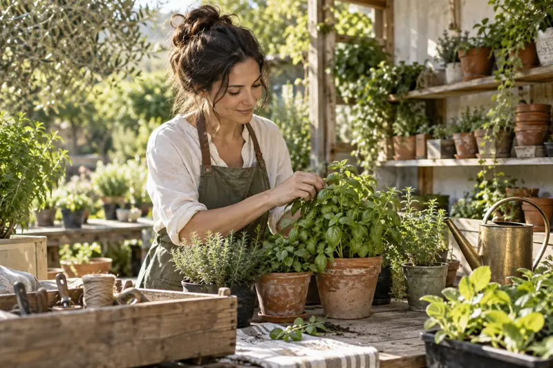 Gardener tending herbs at a nursery workbench