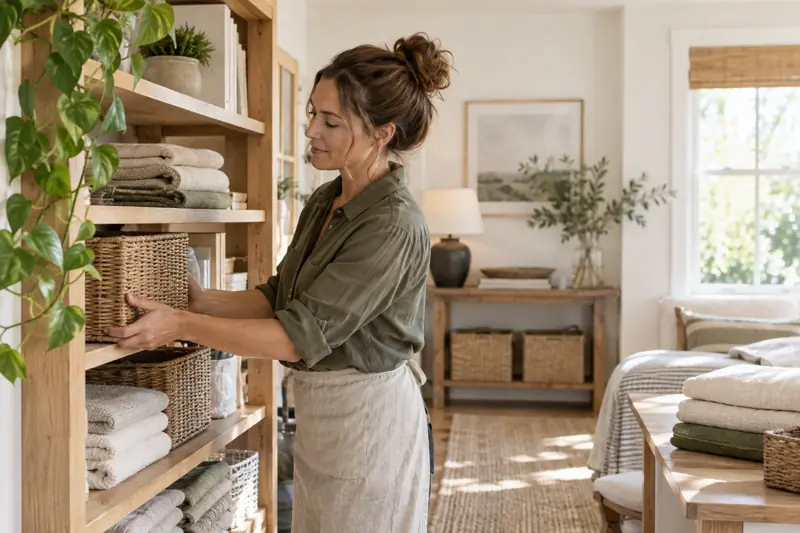 Home organizer arranging linen and baskets