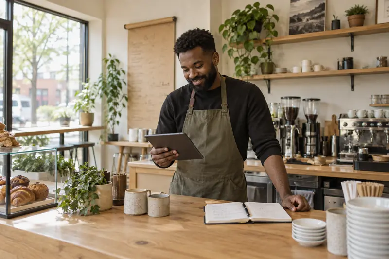 Coffee shop owner reviewing work at the counter