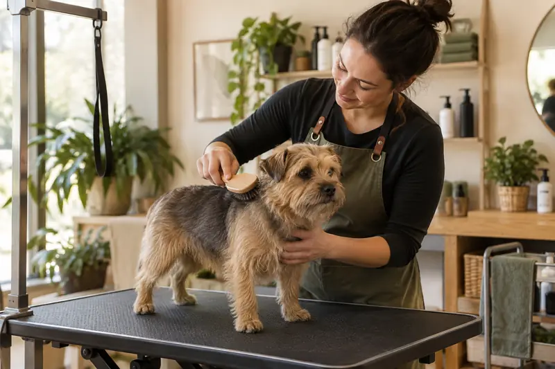Groomer brushing a terrier in a small pet-care studio