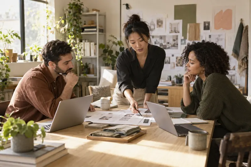 Small team discussing a project around a studio table